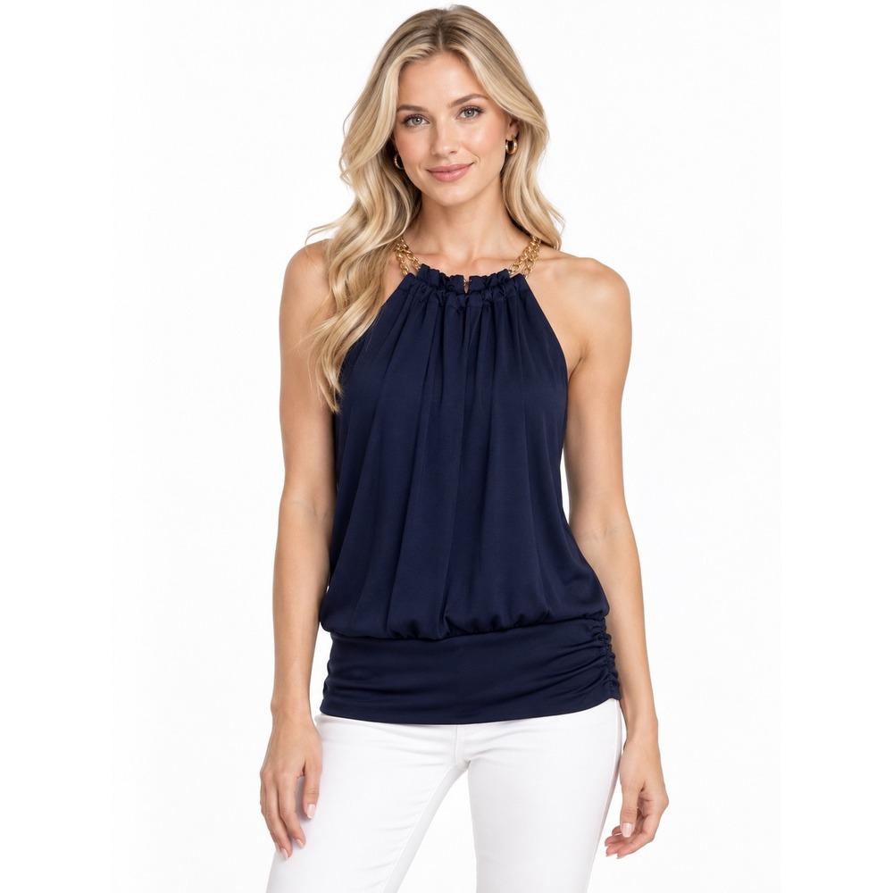 Lilly Pulitzer Halter Top Womens XXS Navy Blue Excellent Gold Chain Blouson